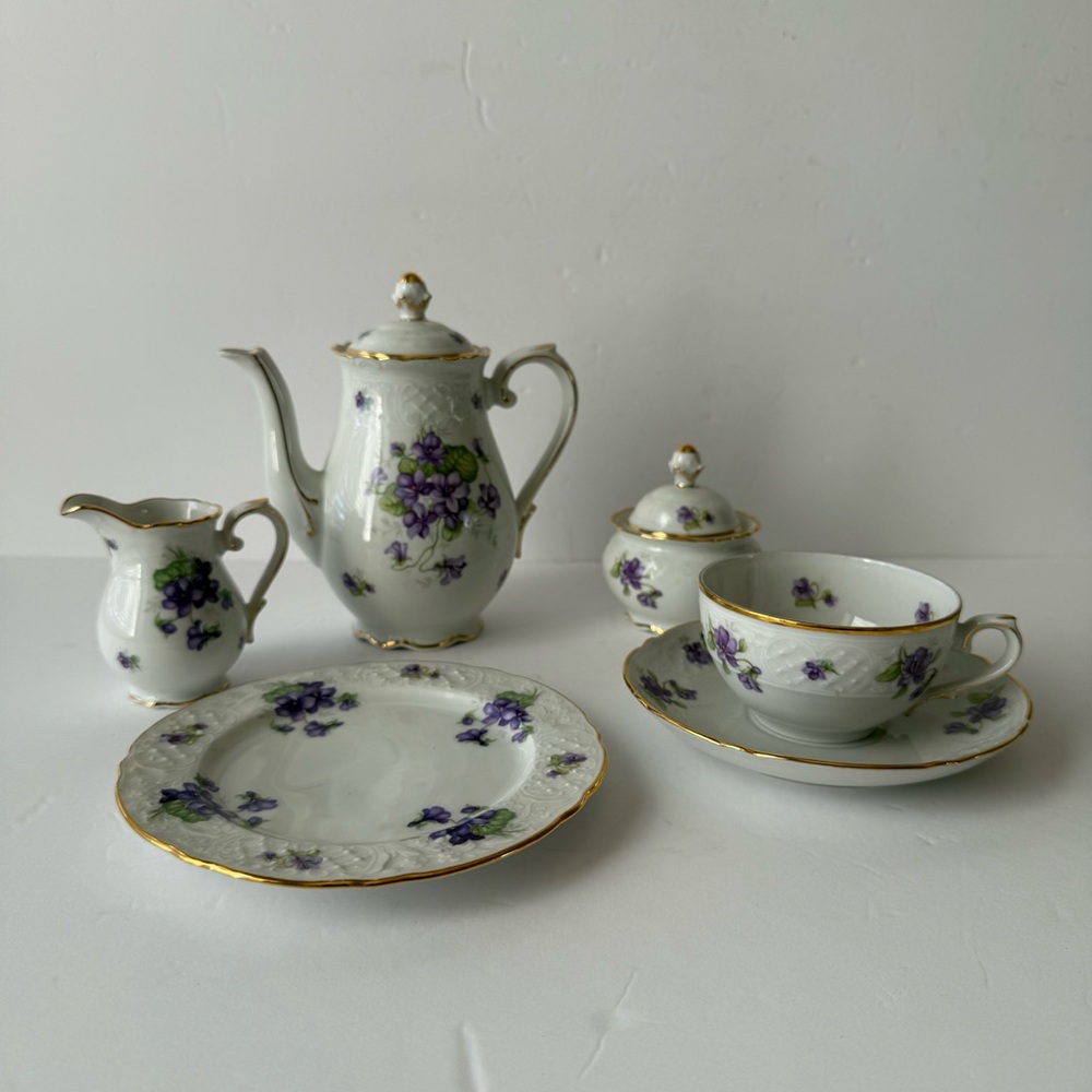 Vintage Floral Porcelain Tea Set with Gold Accents
